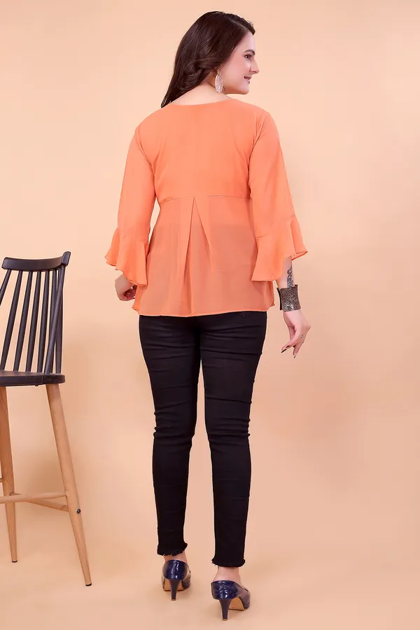 Peach_Georgette_Top_For_Women_|_Regular_Fit_3/4_Sleeve_Round_Neck
