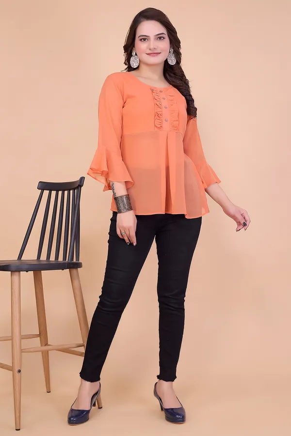 Peach_Georgette_Top_For_Women_|_Regular_Fit_3/4_Sleeve_Round_Neck