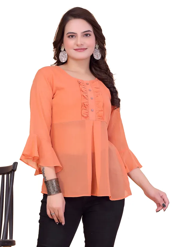 Peach_Georgette_Top_For_Women_|_Regular_Fit_3/4_Sleeve_Round_Neck