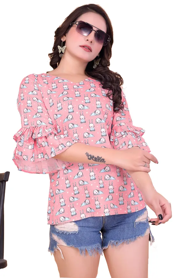 Pink_Rayon_Top_For_Women_|__Regular_Fit_Bell_Sleeve_V_Neck