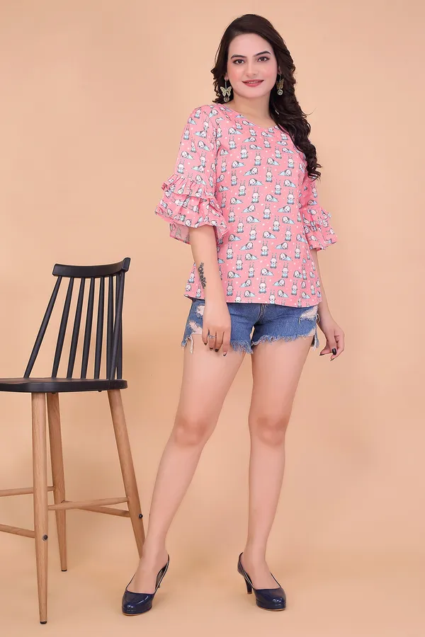 Pink_Rayon_Top_For_Women_|__Regular_Fit_Bell_Sleeve_V_Neck