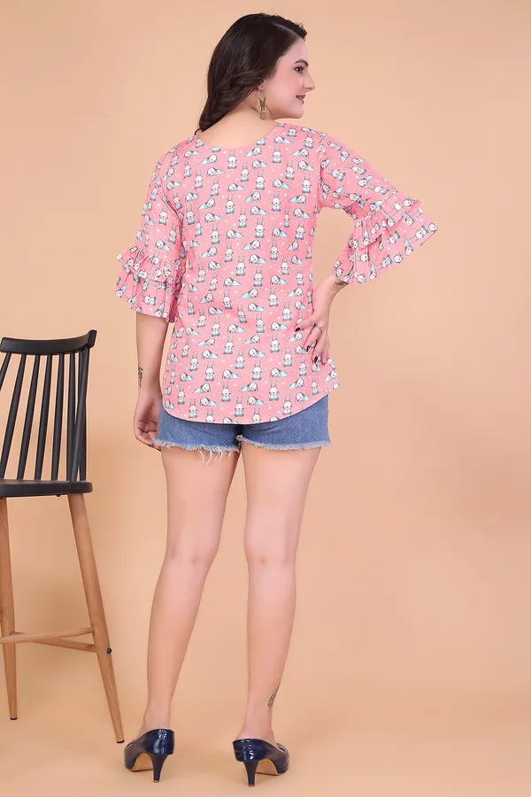Pink_Rayon_Top_For_Women_|__Regular_Fit_Bell_Sleeve_V_Neck