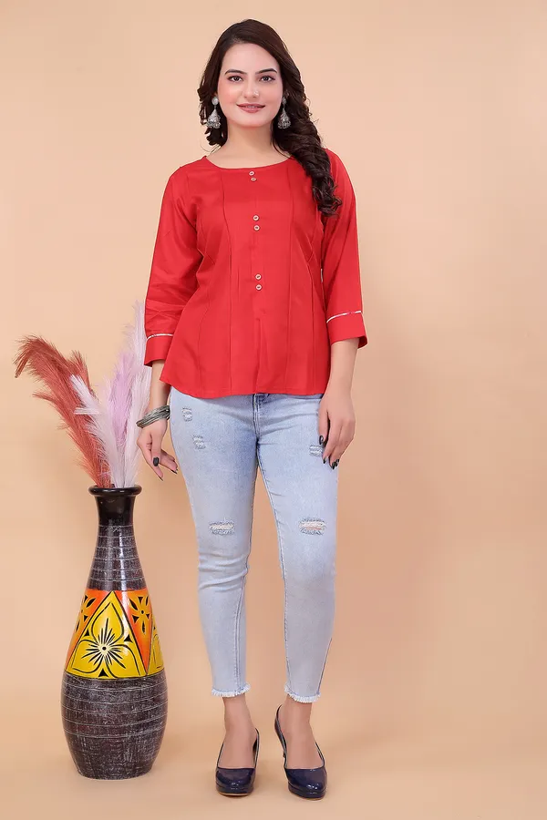 Red_Viscose_Rayon_Top_For_Women_|_Regular_Fit_3/4__Sleeve_Round_Neck