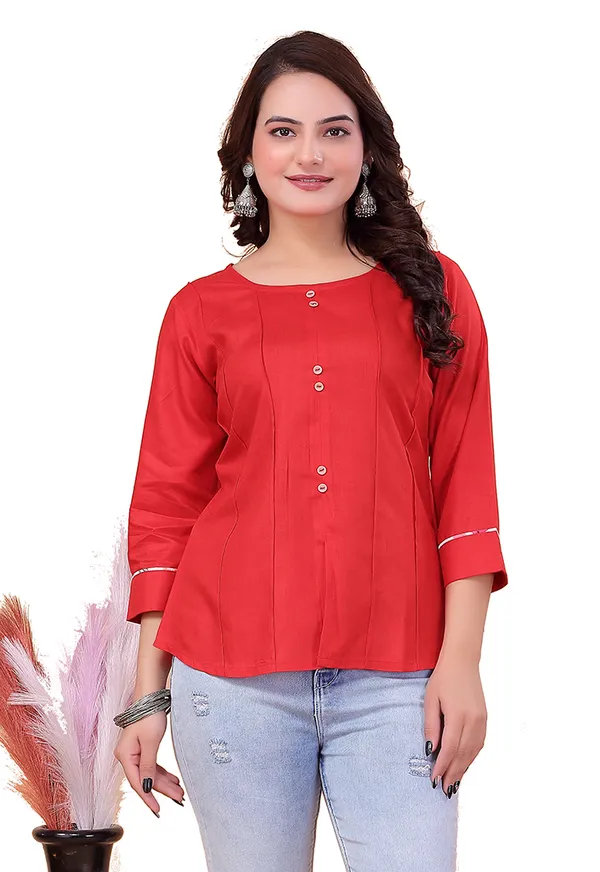 Red_Viscose_Rayon_Top_For_Women_|_Regular_Fit_3/4__Sleeve_Round_Neck