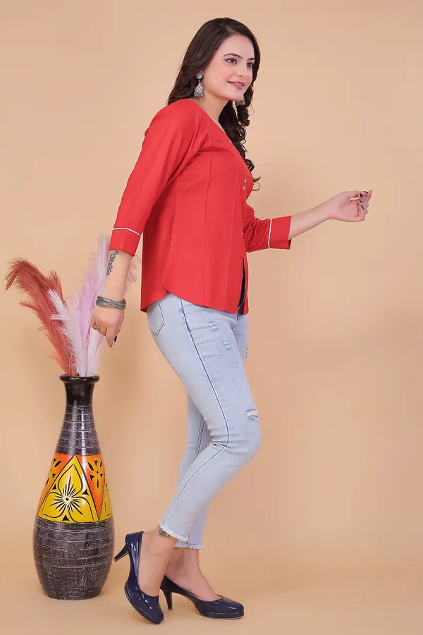 Red_Viscose_Rayon_Top_For_Women_|_Regular_Fit_3/4__Sleeve_Round_Neck