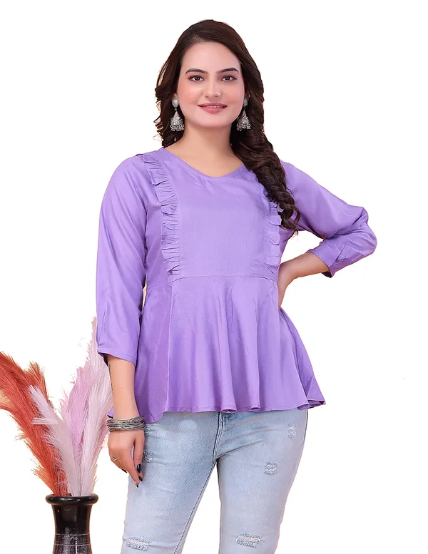 Light_Purple_Viscose_Rayon_Top_For_Women_|_Regular_Fit_3/4__Sleeve_V_Neck