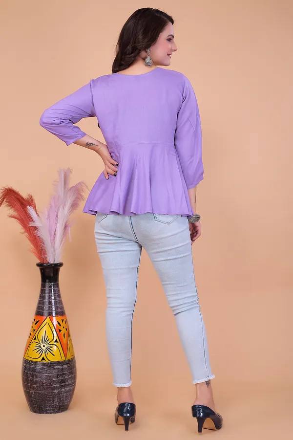 Light_Purple_Viscose_Rayon_Top_For_Women_|_Regular_Fit_3/4__Sleeve_V_Neck