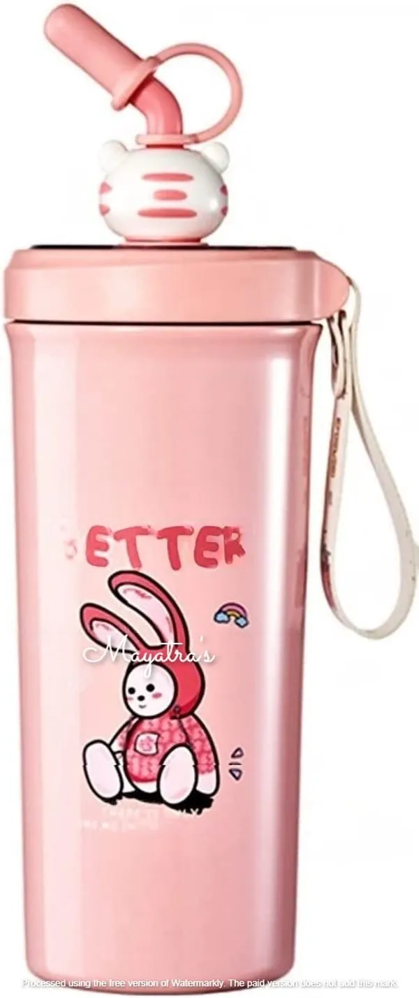 PINK_Cartoon_Design_Stainless_Steel_Insulated_Double_Wall_Flask_Bottle_For_Kid'S._Hot_And_Cold_Beverages_Thermos_Flask_With_Sipper_And_Straw,Lightweight,_Leakproof_Lid(480Ml)
