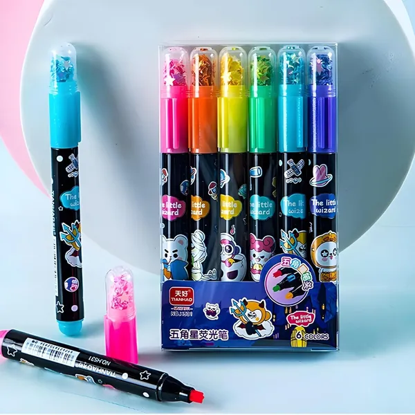 Multicolor_Star_Tip_Mini_Highlighter_Pen_Set_Of_6_Fivepointed_Star_Stamp_Marker,_Cartoon_Theme_Stationery_For__,_Gift_For_Boys_&_Girls