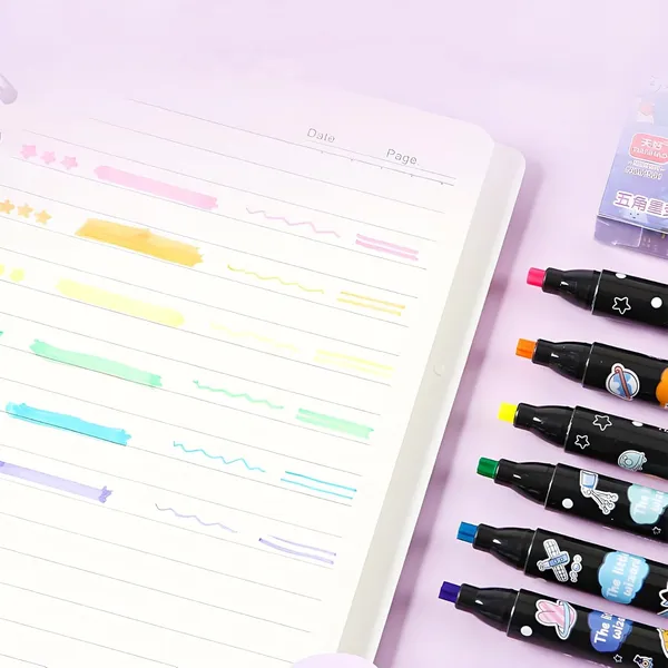 Multicolor_Star_Tip_Mini_Highlighter_Pen_Set_Of_6_Fivepointed_Star_Stamp_Marker,_Cartoon_Theme_Stationery_For__,_Gift_For_Boys_&_Girls