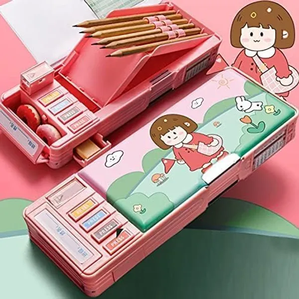 Multicolour_Pencil_Box_For__,Multifunctional_Pencil_Case_With_Press_Buttons_For_Boy_Girl,_Pencil_Box_With_2_Compartments_For_Student,_School_Office_Supplies_(Multicolour)_(Red_Girl)
