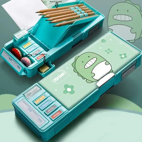 Multicolour_Pencil_Box_For__,Multifunctional_Pencil_Case_With_Press_Buttons_For_Boy_Girl,_Pencil_Box_With_2_Compartments_For_Student,_School_Office_Supplies_(Multicolour)_(Dinosaur)