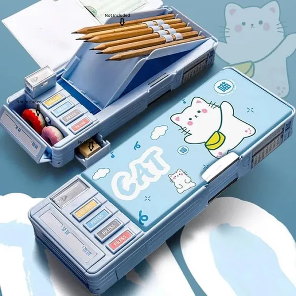 Multicolour_Pencil_Box_For__,Multifunctional_Pencil_Case_With_Press_Buttons_For_Boy_Girl,_Pencil_Box_With_2_Compartments_For_Student,_School_Office_Supplies_(Multicolour)_(Lucky_Cat)