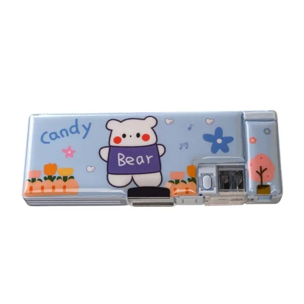 Multicolour_Pencil_Box_For__,Multifunctional_Pencil_Case_With_Press_Buttons_For_Boy_Girl,Pencil_Box_With_2_Compartments_For_Student&School_Office_Supplies_(Candy_Bear)
