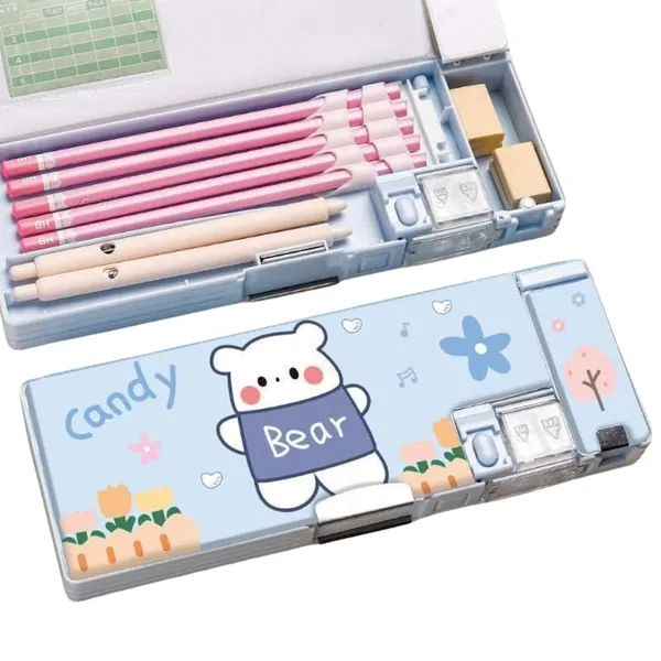 Multicolour_Pencil_Box_For__,Multifunctional_Pencil_Case_With_Press_Buttons_For_Boy_Girl,Pencil_Box_With_2_Compartments_For_Student&School_Office_Supplies_(Candy_Bear)