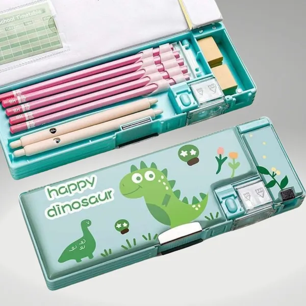 Multicolour_Pencil_Box_For__,Multifunctional_Pencil_Case_With_Press_Buttons_For_Boy_Girl,Pencil_Box_With_2_Compartments_For_Student&School_Office_Supplies_(Happy_Dinosaur)