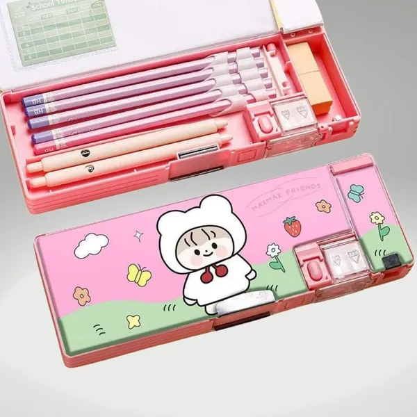 Multicolour_Pencil_Box_For__,Multifunctional_Pencil_Case_With_Press_Buttons_For_Boy_Girl,Pencil_Box_With_2_Compartments_For_Student&School_Office_Supplies_(Max_Friends)