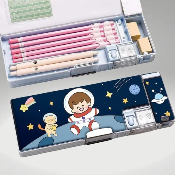 Multicolour_Pencil_Box_For__,Multifunctional_Pencil_Case_With_Press_Buttons_For_Boy_Girl,Pencil_Box_With_2_Compartments_For_Student&School_Office_Supplies_(Spaceman)