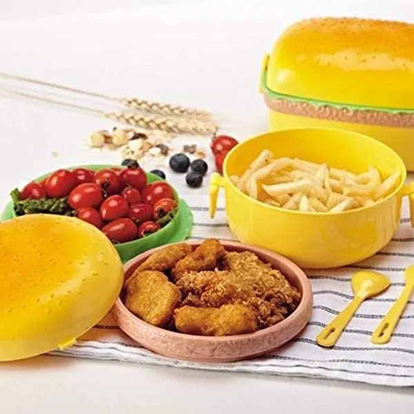 Multicolor_Burger_Shape_Lunch_Box_For___Tiffin_Box,_Lunch_Box_Leak_Proof_Plastic_Lunch_Box,_Lunch_Box_With_Compartments.