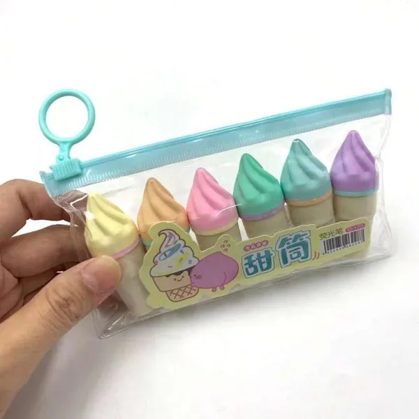 Multicolor_Durable_Plastic_Set_Of_6_Pcs_Colourful_Softy_Ice_Cream_Marker/Highlighter_Pen_Stationery_Pouch_Set_Ideal_For_Gifting___And_Childrens_Birthday_Gifting