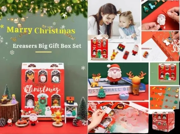 Multicolor_Christmas_Theme_Pencil_Eraser_For_School_Children,Cute_Erasers_For___Different_Shapes,Soft_Nondust_Stationary_Puzzle_Erasers,Gift_Box_Of_Eraser_(Pack_Of_1,_)
