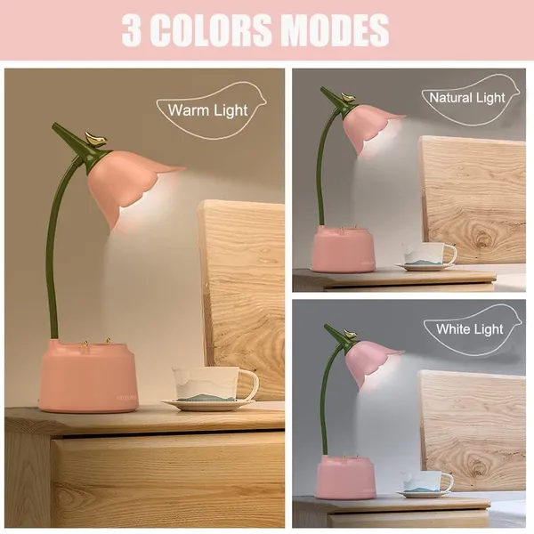 Multicolor_Kawaii_Cute_Led_Desk_Lamp_Desk_Accessories,Flower_Bird_Table_Lamp_Usb_Rechargeable,3_Color_Modes,Eye_Caring_Reading_Lamp_(Forest_Green)