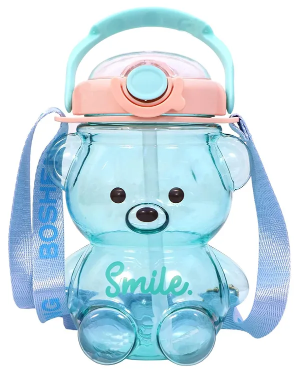 Multicolor_Smile_Bear_Water_Bottles_For___1000Ml_Bpa_Free_Spill_Proof_Straw_Soft_Handle_Water_Bottle_For___(Blue)