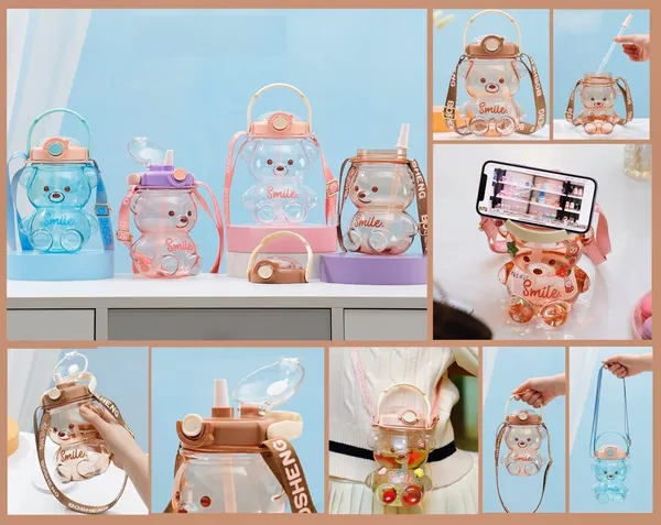 Multicolor_Smile_Bear_Water_Bottles_For___1000Ml_Bpa_Free_Spill_Proof_Straw_Soft_Handle_Water_Bottle_For___(Blue)