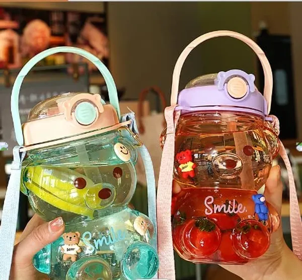 Multicolor_Smile_Bear_Water_Bottles_For___1000Ml_Bpa_Free_Spill_Proof_Straw_Soft_Handle_Water_Bottle_For___(Brown)