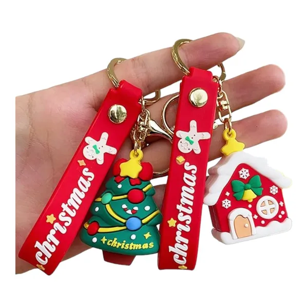 Multicolor_Cute_Kawaii_Christmas_Festival_Design_Backpack_Car_Key_Girls_Women_Men_Cartoon_Handbag_Wallet_Pvc_Keychain_(Christmas_Tree_&_House)