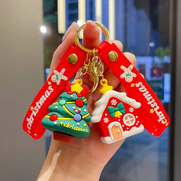Multicolor_Cute_Kawaii_Christmas_Festival_Design_Backpack_Car_Key_Girls_Women_Men_Cartoon_Handbag_Wallet_Pvc_Keychain_(Christmas_Tree_&_House)
