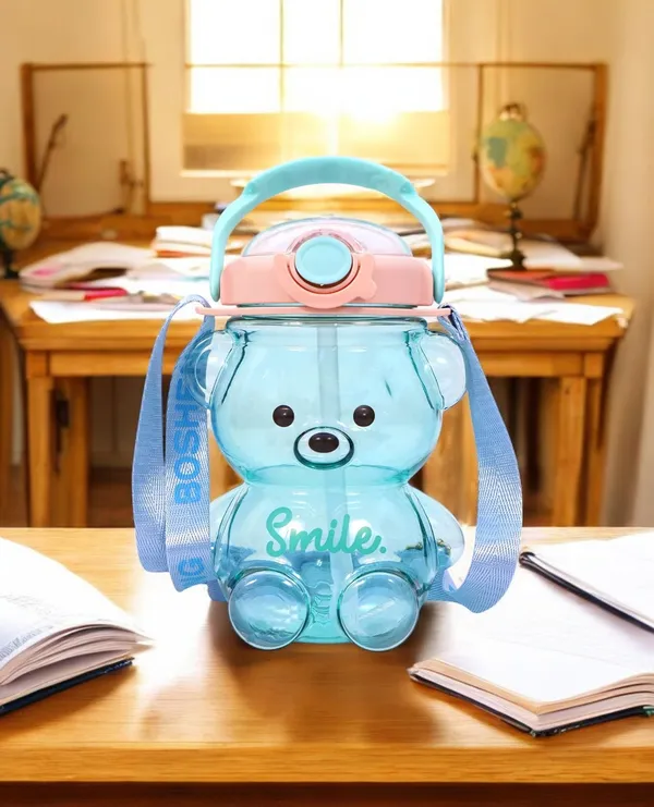 Multicolor_Smile_Bear_Water_Bottles_For___1000Ml_Bpa_Free_Spill_Proof_Straw_Soft_Handle_Water_Bottle_For___(Blue)