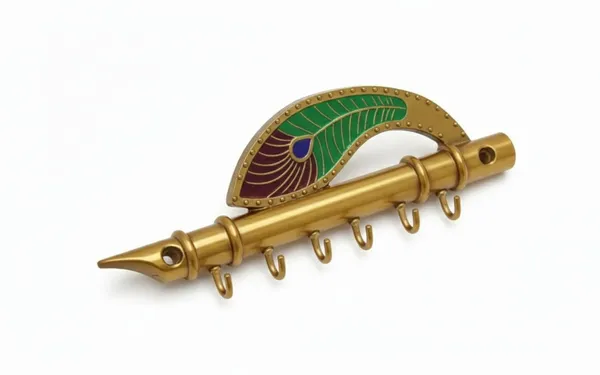 Gold_Metal_Flute_&_Peacock_Feather_Key_Holder_with_6_Hooks