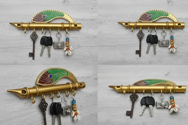 Gold_Metal_Flute_&_Peacock_Feather_Key_Holder_with_6_Hooks
