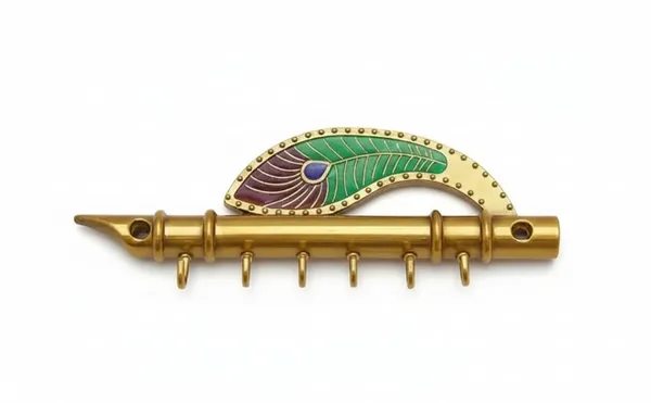 Gold_Metal_Flute_&_Peacock_Feather_Key_Holder_with_6_Hooks