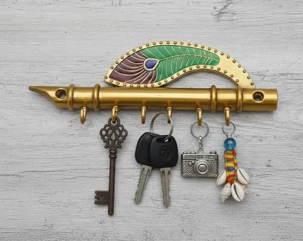 Gold_Metal_Flute_&_Peacock_Feather_Key_Holder_with_6_Hooks