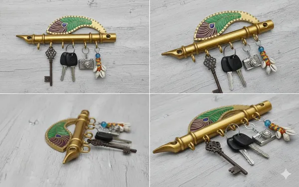 Gold_Metal_Flute_&_Peacock_Feather_Key_Holder_with_6_Hooks