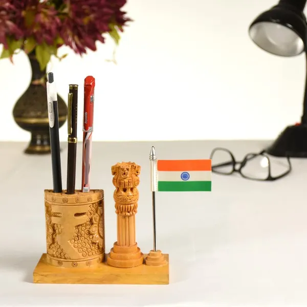 Pen_Stand_With_Ashok_Stambh_And_Rupee_And_National_Flag_Brown_For_Office_Desk_Decorative_|_12.7L_x_6.4W_x_12.7H_Centimeters
