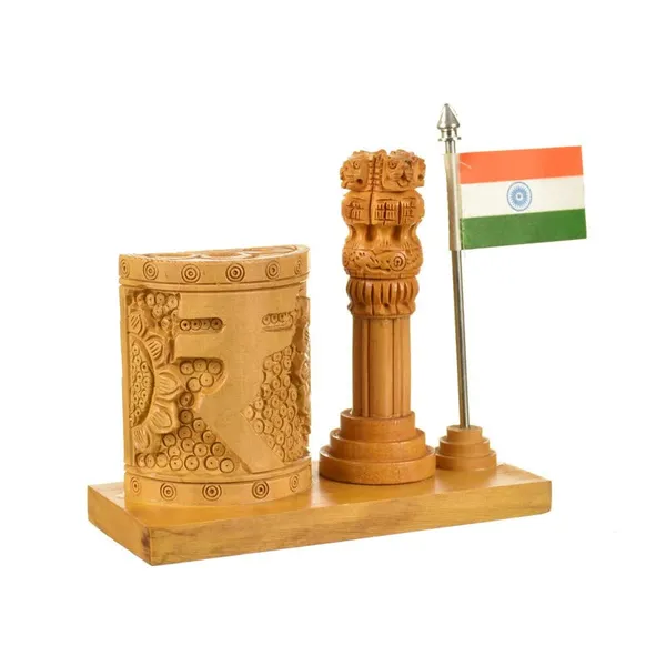 Pen_Stand_With_Ashok_Stambh_And_Rupee_And_National_Flag_Brown_For_Office_Desk_Decorative_|_12.7L_x_6.4W_x_12.7H_Centimeters