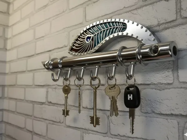 Silver_Finish_Metal_Flute_&_Peacock_Feather_Key_Holder