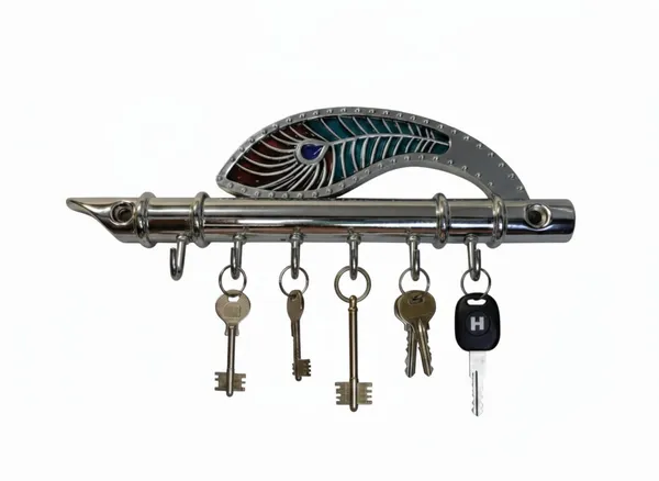 Silver_Finish_Metal_Flute_&_Peacock_Feather_Key_Holder