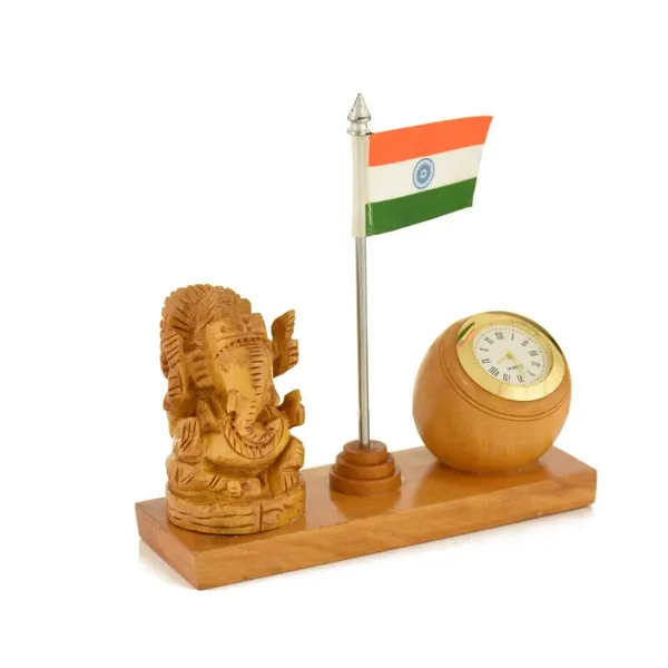 Natural_Wooden_Ganesha_With_A_Clock_And_Flag_For_Office_And_Home_Decoration_|_17L_x_6.4W_x_12.7H_Centimeters