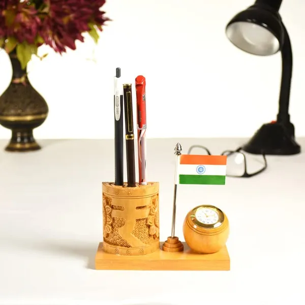 Handcrafted_Wooden_Clock_with_Indian_Rupee_&_Flag_Pen_Stand_|_For_Your_Office_Decoration_|_12.7L_x_6.4W_x_12.7H_Centimeters