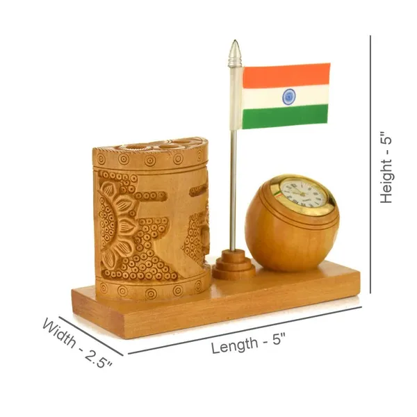 Handcrafted_Wooden_Clock_with_Indian_Rupee_&_Flag_Pen_Stand_|_For_Your_Office_Decoration_|_12.7L_x_6.4W_x_12.7H_Centimeters