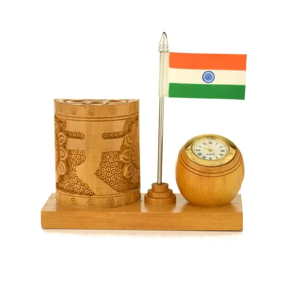 Handcrafted_Wooden_Clock_with_Indian_Rupee_&_Flag_Pen_Stand_|_For_Your_Office_Decoration_|_12.7L_x_6.4W_x_12.7H_Centimeters
