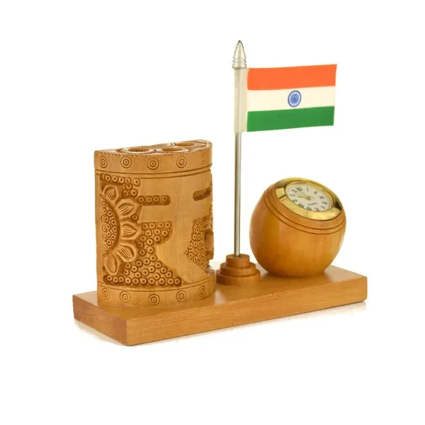 Handcrafted_Wooden_Clock_with_Indian_Rupee_&_Flag_Pen_Stand_|_For_Your_Office_Decoration_|_12.7L_x_6.4W_x_12.7H_Centimeters
