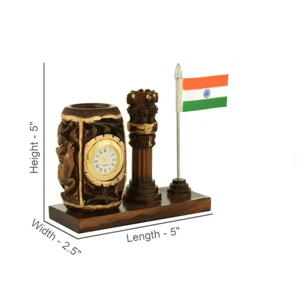 Ashok_Stambh_And_Flag_Wooden_Pen_Stand_With_A_Clock_|_For_Office_&_Study_Table_|_12.7L_x_6.4W_x_12.7H_Centimeters