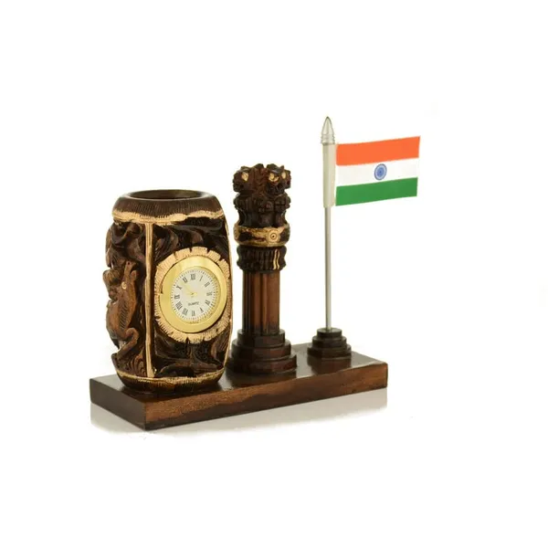 Ashok_Stambh_And_Flag_Wooden_Pen_Stand_With_A_Clock_|_For_Office_&_Study_Table_|_12.7L_x_6.4W_x_12.7H_Centimeters