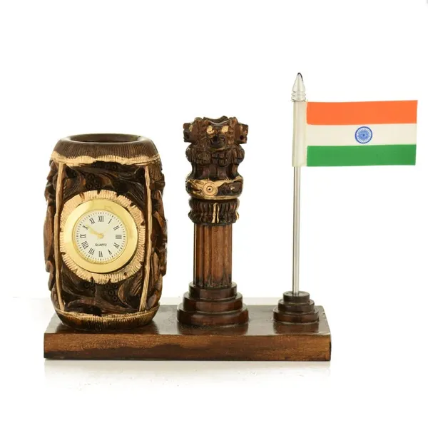 Ashok_Stambh_And_Flag_Wooden_Pen_Stand_With_A_Clock_|_For_Office_&_Study_Table_|_12.7L_x_6.4W_x_12.7H_Centimeters