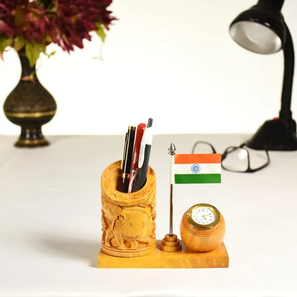 Handcrafted_Wooden_Clock_with_Ashok_Elephant_&_Flag_Pen_Stand_|_For_Your_Office_Decoration_|_12.7L_x_6.4W_x_12.7H_Centimeters